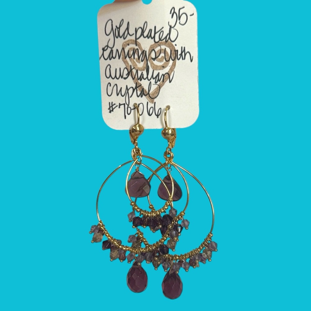 NWT‎ Gold Plated Australian Purple Crystal Double Hopped Earrings - Picture 2 of 4